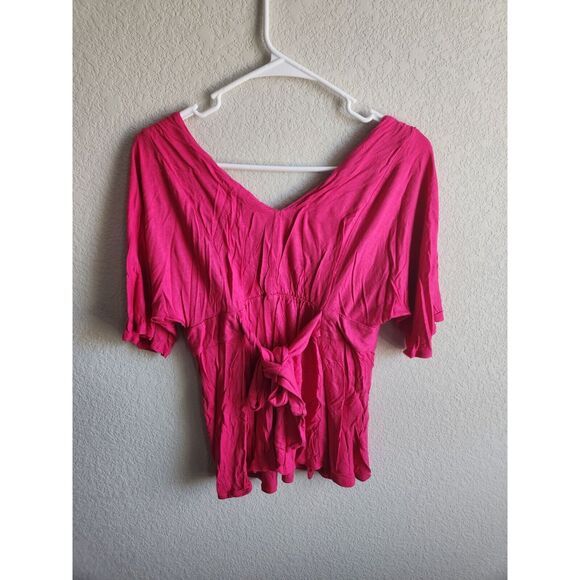 INC International Concepts Womens Sz M Bright Pink Short Sleeve Blouse Tie Back - Picture 3 of 3